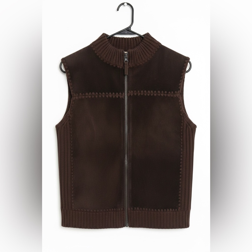 St John's Bay Vintage Leather Patch Sweater Vest Small Petite Brown Knit